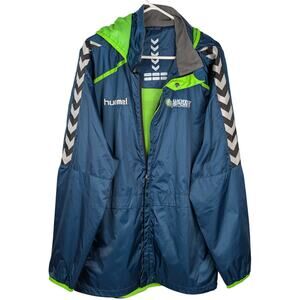 Hummel World Sports windbreaker sz L chest 50"Teal green /lime Hooded Authentic